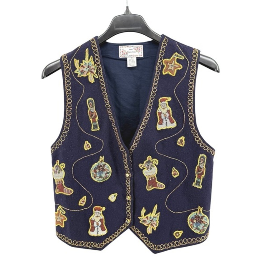 New‎ Direction Christmas Vest Womens Medium Pre-Owned Blue Wool Nutcracker Santa